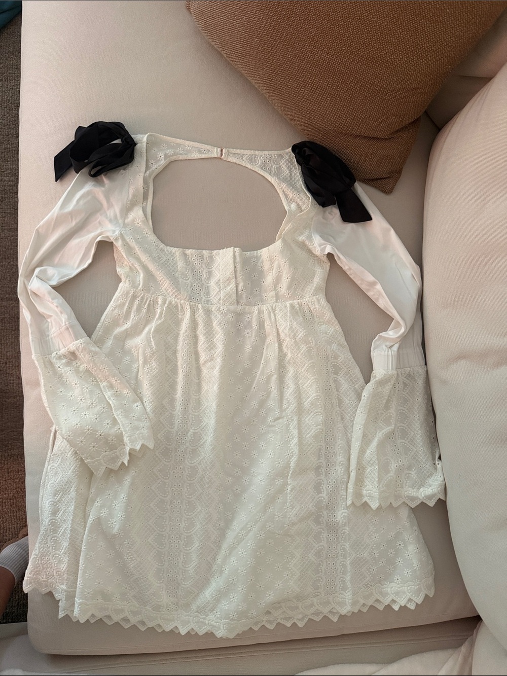 For Love and Lemons White Eyelet Babydoll Dress with Black Shoulder Bows - Picture 1 of 4
